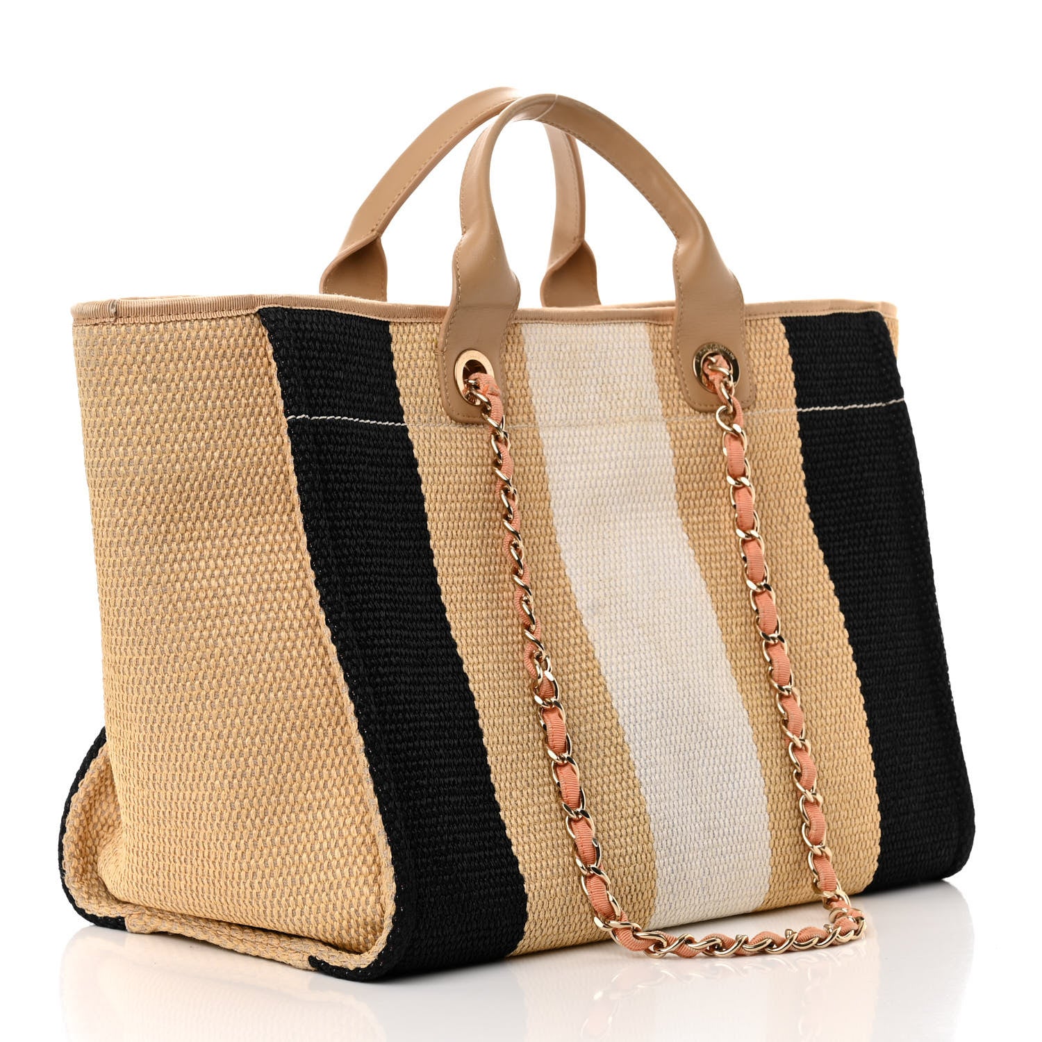 Chanel Straw Raffia Calfskin Striped Medium Deauville Tote Black Beige Ivory 3 of 16