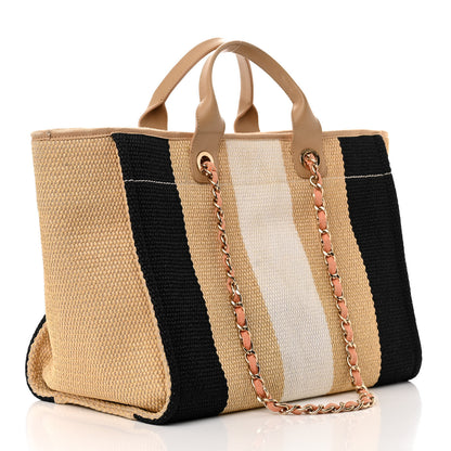 Chanel Straw Raffia Calfskin Striped Medium Deauville Tote Black Beige Ivory 3 of 16