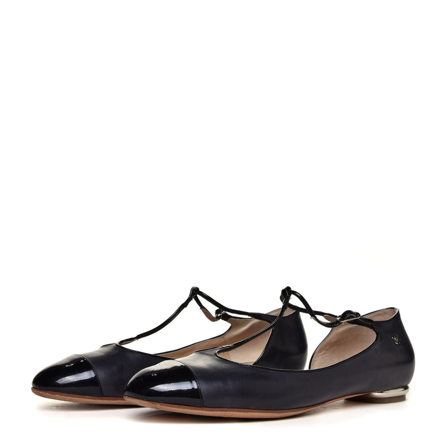 Lambskin Patent Cap Toe T Strap Flats 41 Black