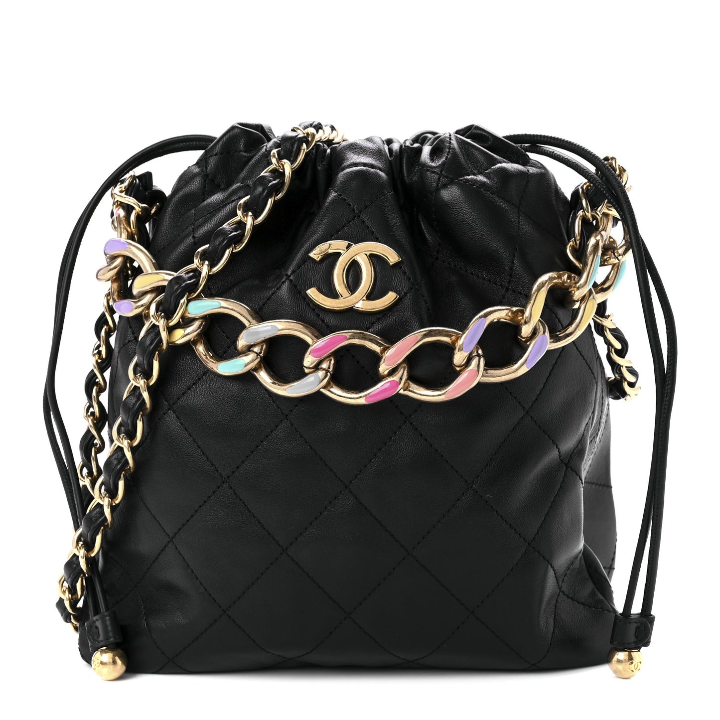 Lambskin Quilted Enamel Drawstring Bag Black Multicolor