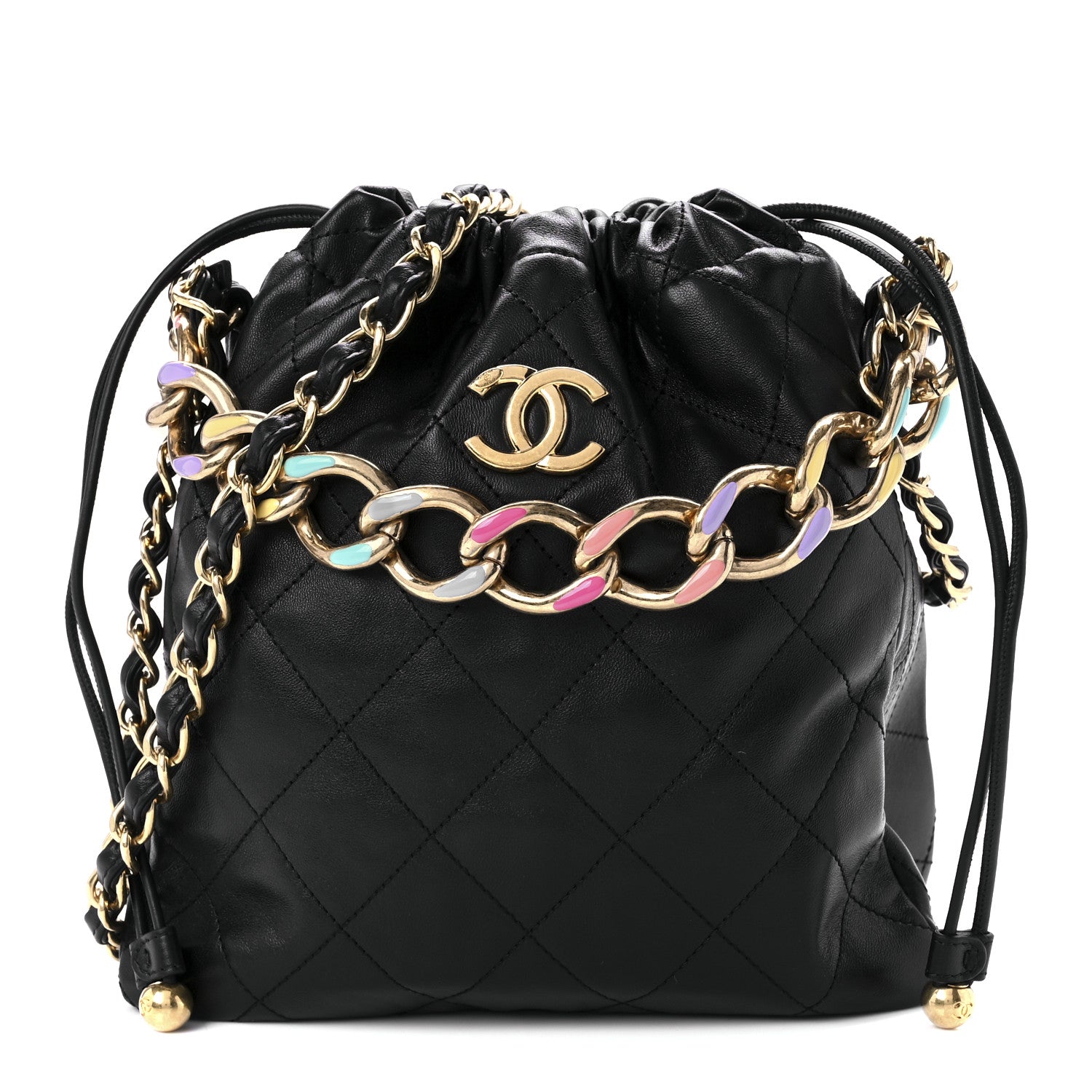 Chanel Lambskin Quilted Enamel Drawstring Bag Black Multicolor 1 of 10