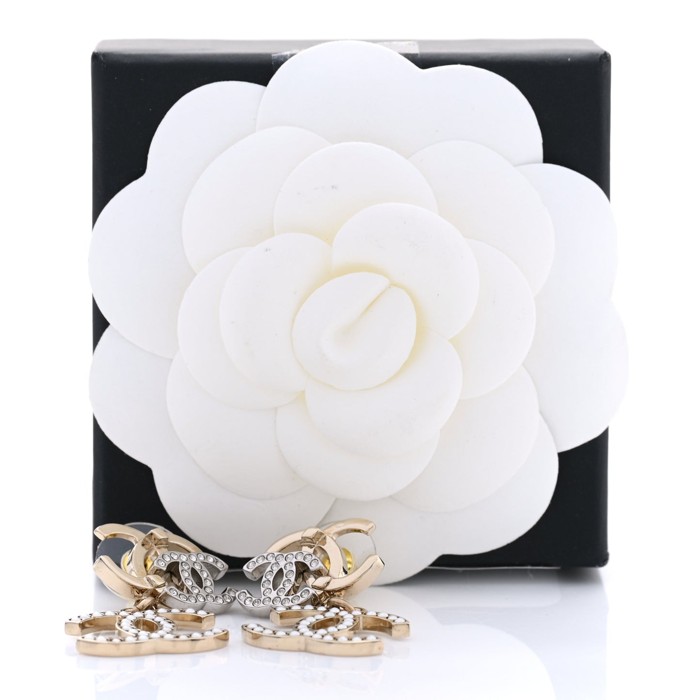 Crystal Pearl Double CC Drop Earrings Gold Silver