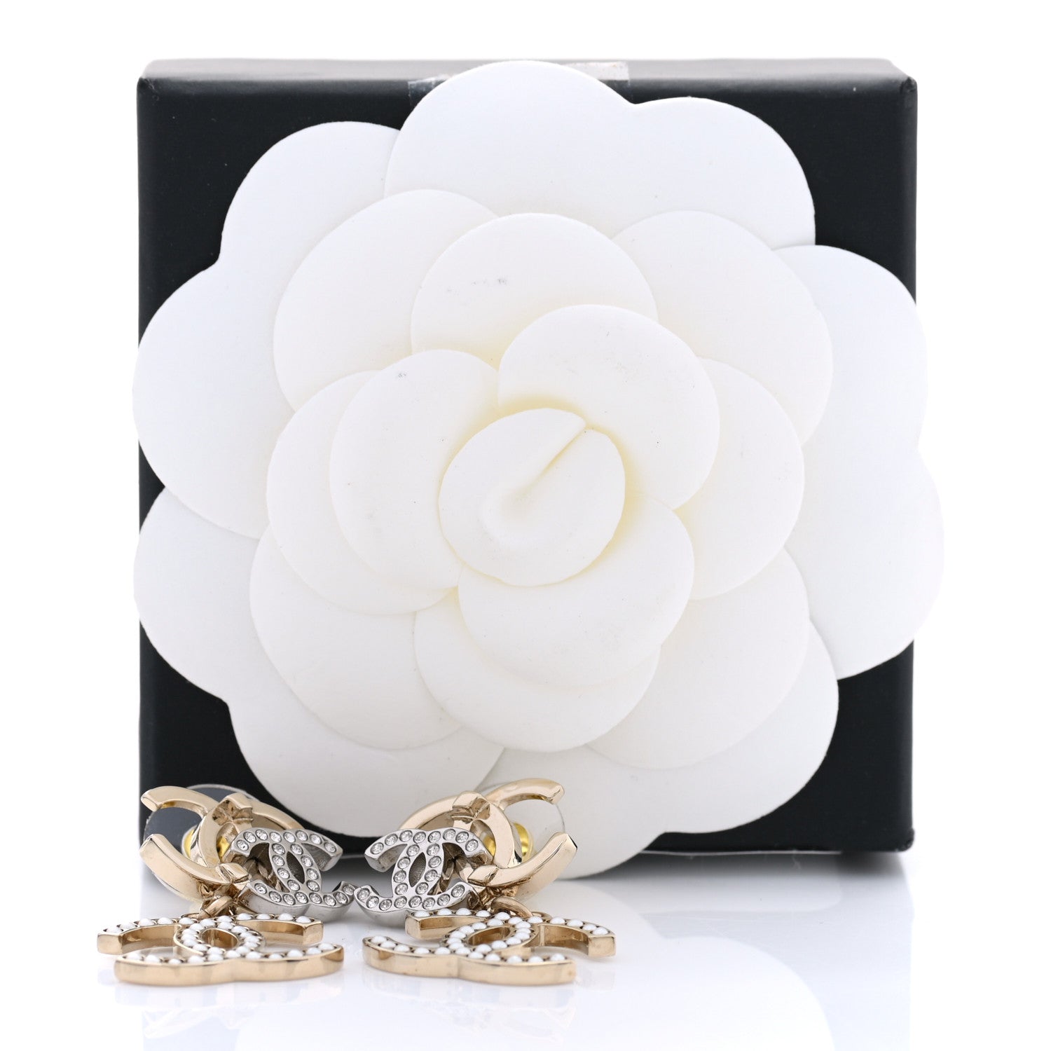Chanel Crystal Pearl Double CC Drop Earrings Gold Silver 5 of 5