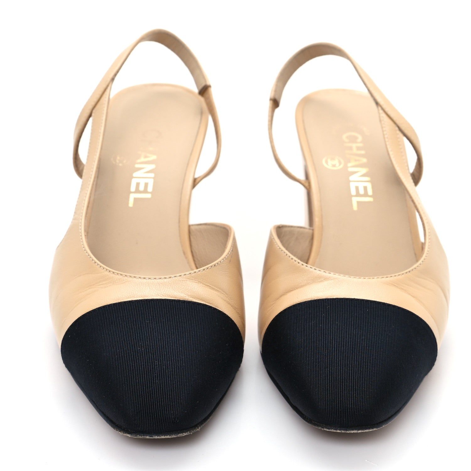Chanel Goatskin Grosgrain Cap Toe CC Slingback Pumps 38 Beige Black 4 of 11