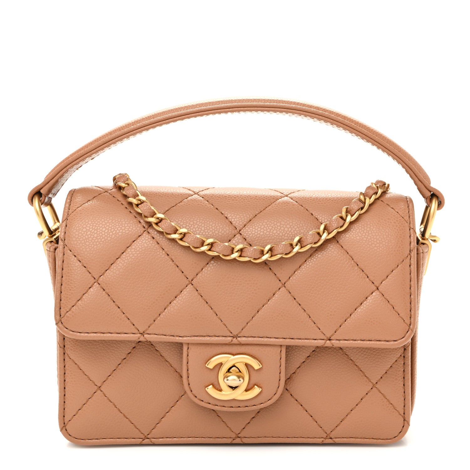 Chanel Shiny Caviar Quilted Mini Top Handle Flap Bag Camel 1 of 13