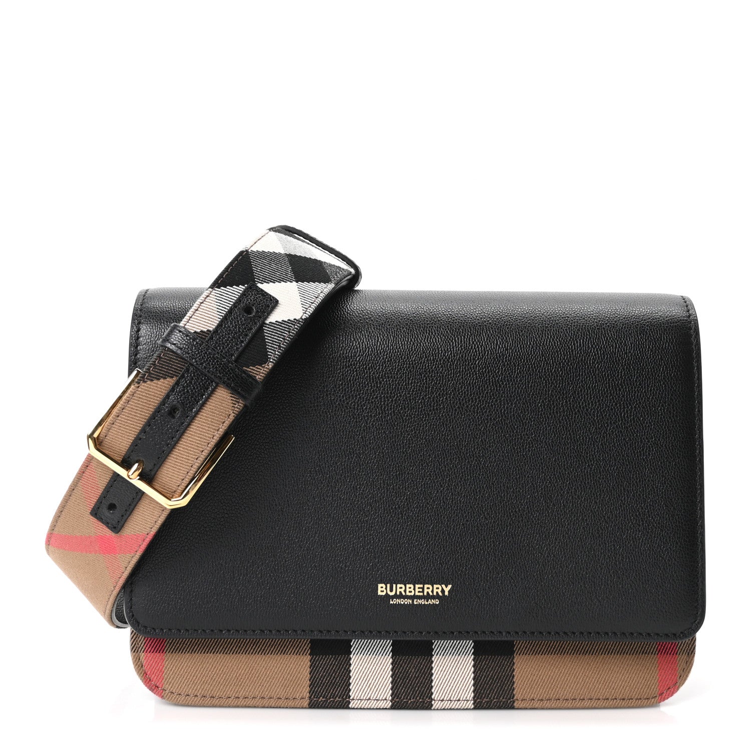 Burberry Derby Calfskin House Check Mackford Crossbody Bag Black 1 of 8