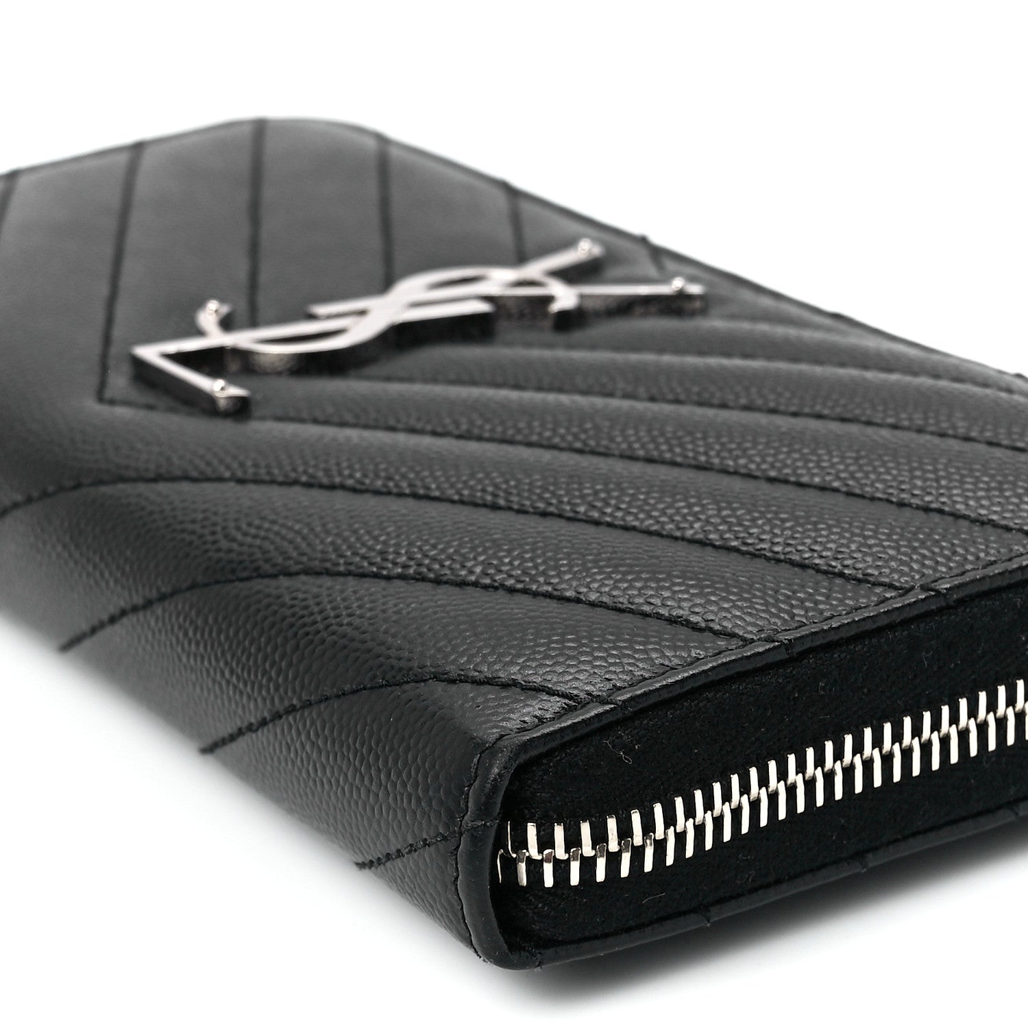 Saint Laurent Grain De Poudre Matelasse Chevron Monogram Zip Around Wallet Black 10 of 10