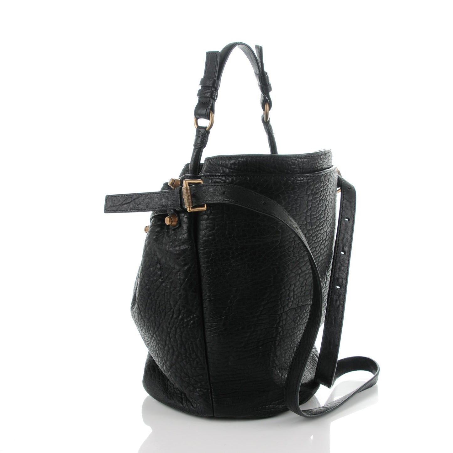 Pebbled Lambskin Diego Bucket Bag Black Antique Brass Hardware