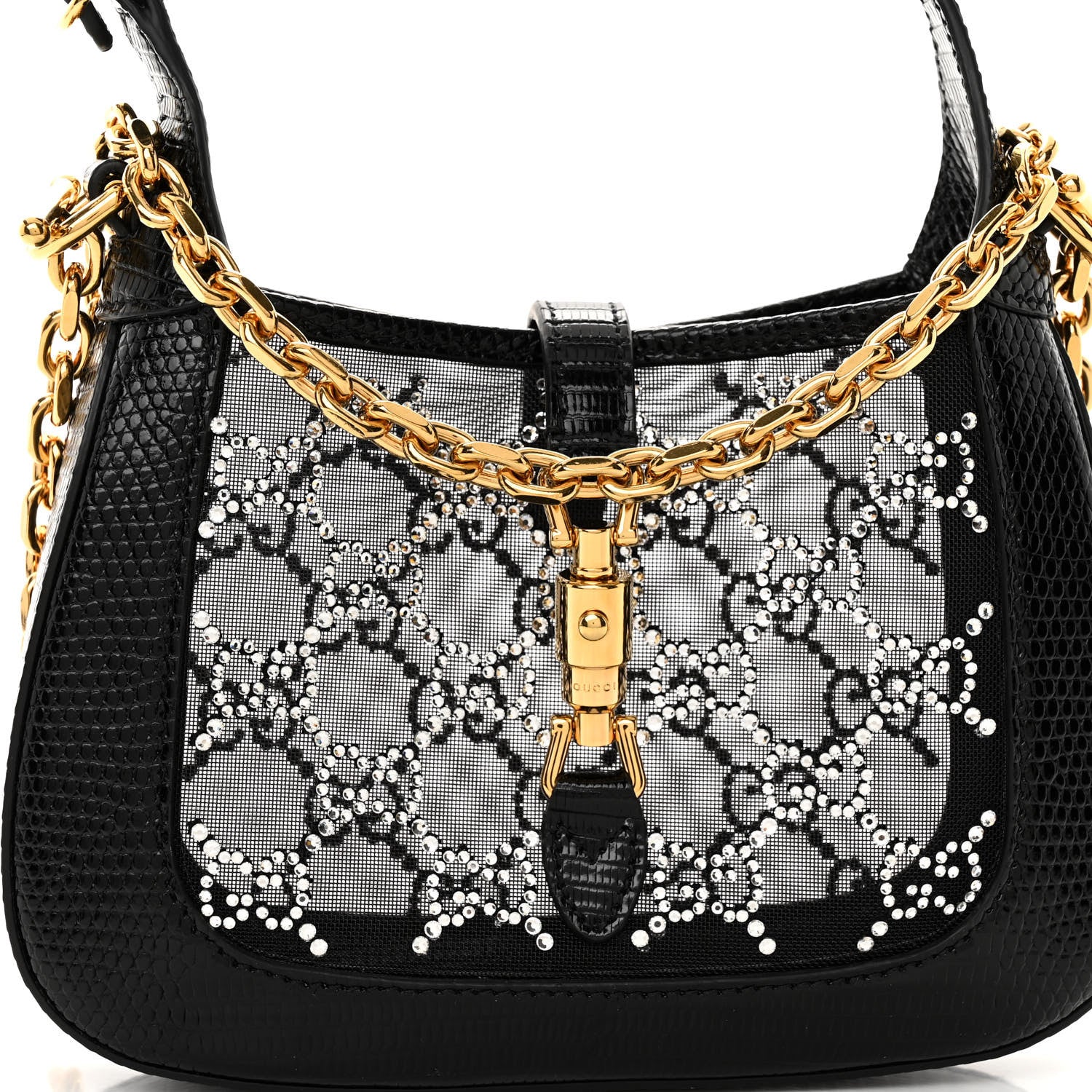 Gucci Lizard Mesh Crystal GG Monogram Mini Jackie 1961 Hobo Black 8 of 10