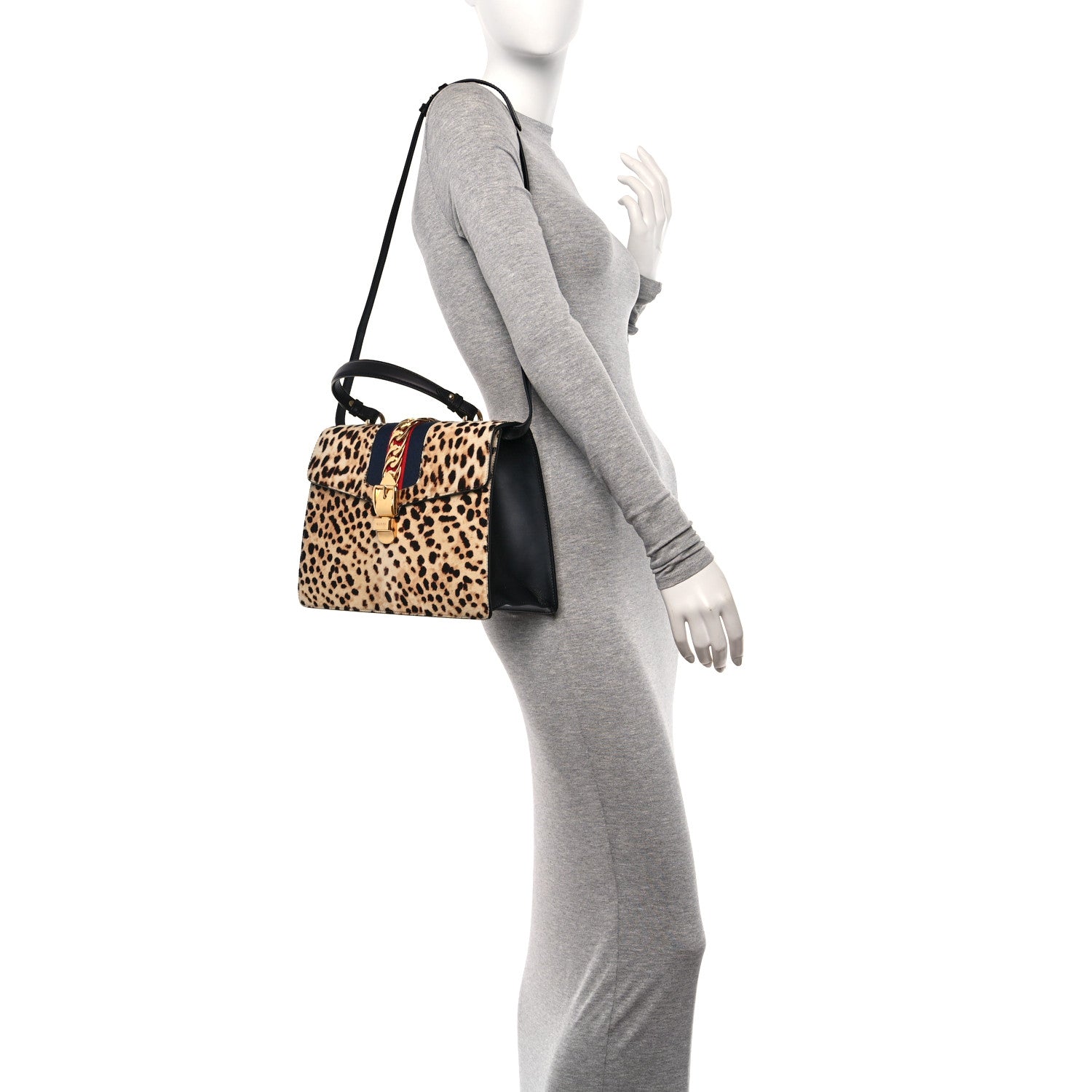 Gucci Calf Hair Leopard Print Medium Sylvie Top Handle Bag Naturale Black 2 of 14