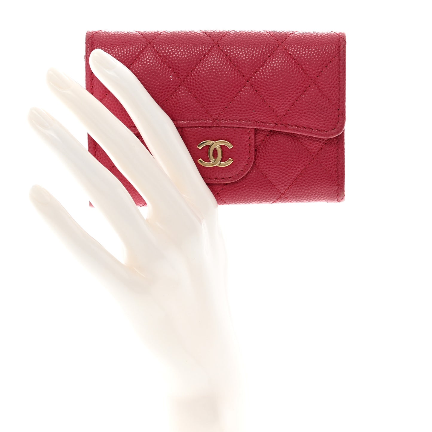 Caviar Quilted Flap Card Holder Wallet Dark Pink
