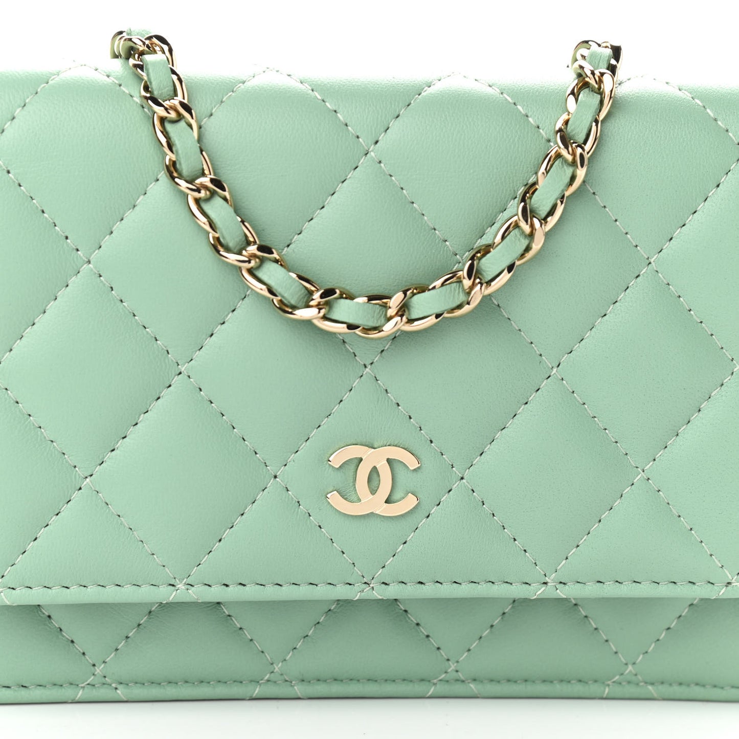 Lambskin Quilted Mini Wallet On Chain WOC Light Green