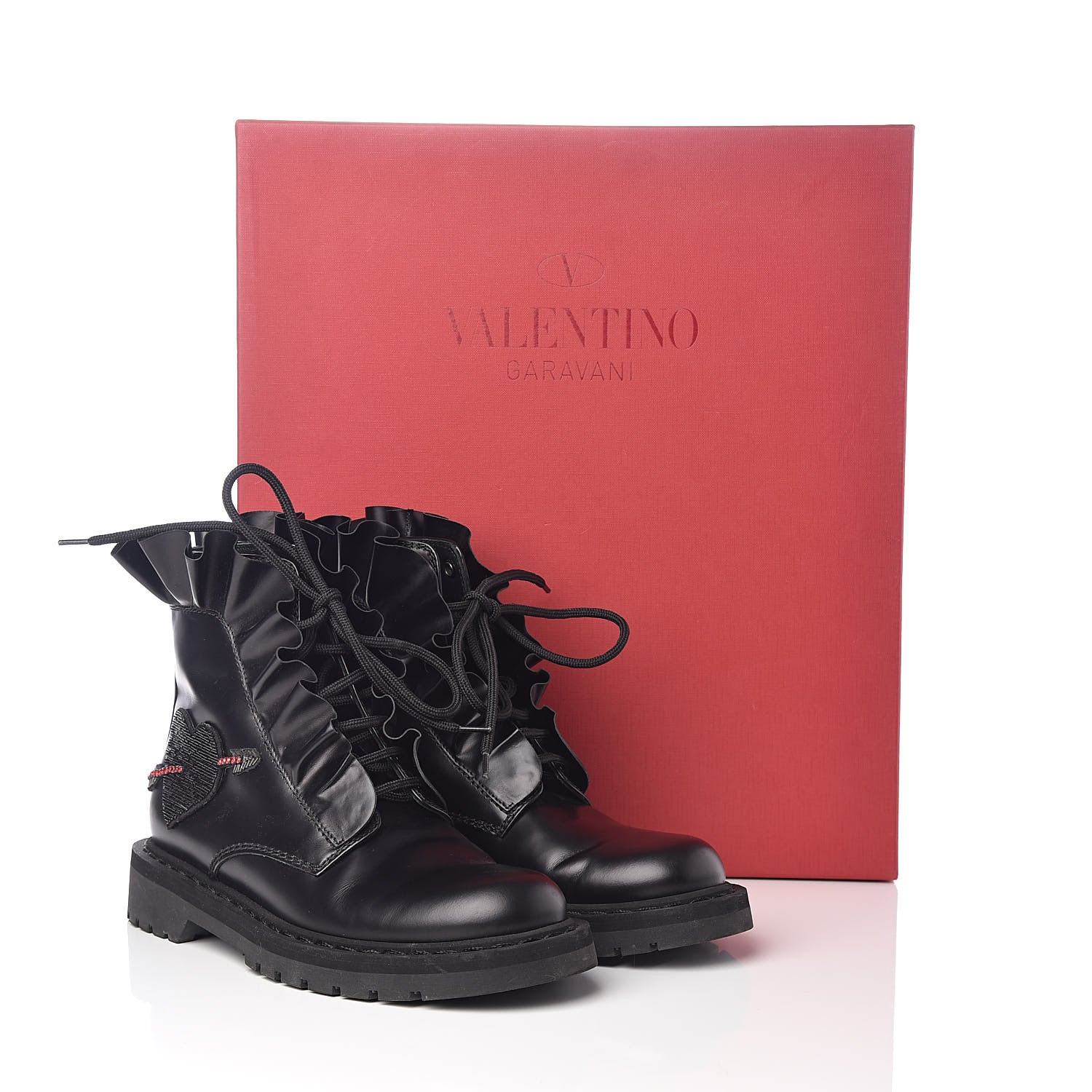 Valentino Garavani Calfskin Ruffle Heart Love Combat Boots 36 Black 8 of 8