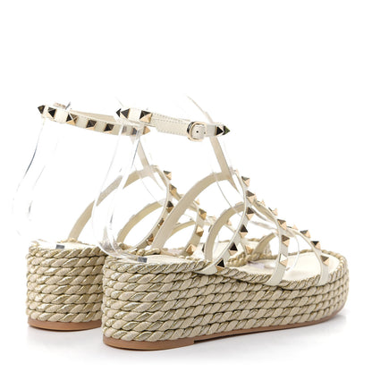 Valentino Garavani Calfskin Rockstud Ankle Strap Torchon Espadrille Caged 30/55mm Sandals 38 Light Ivory 4 of 11