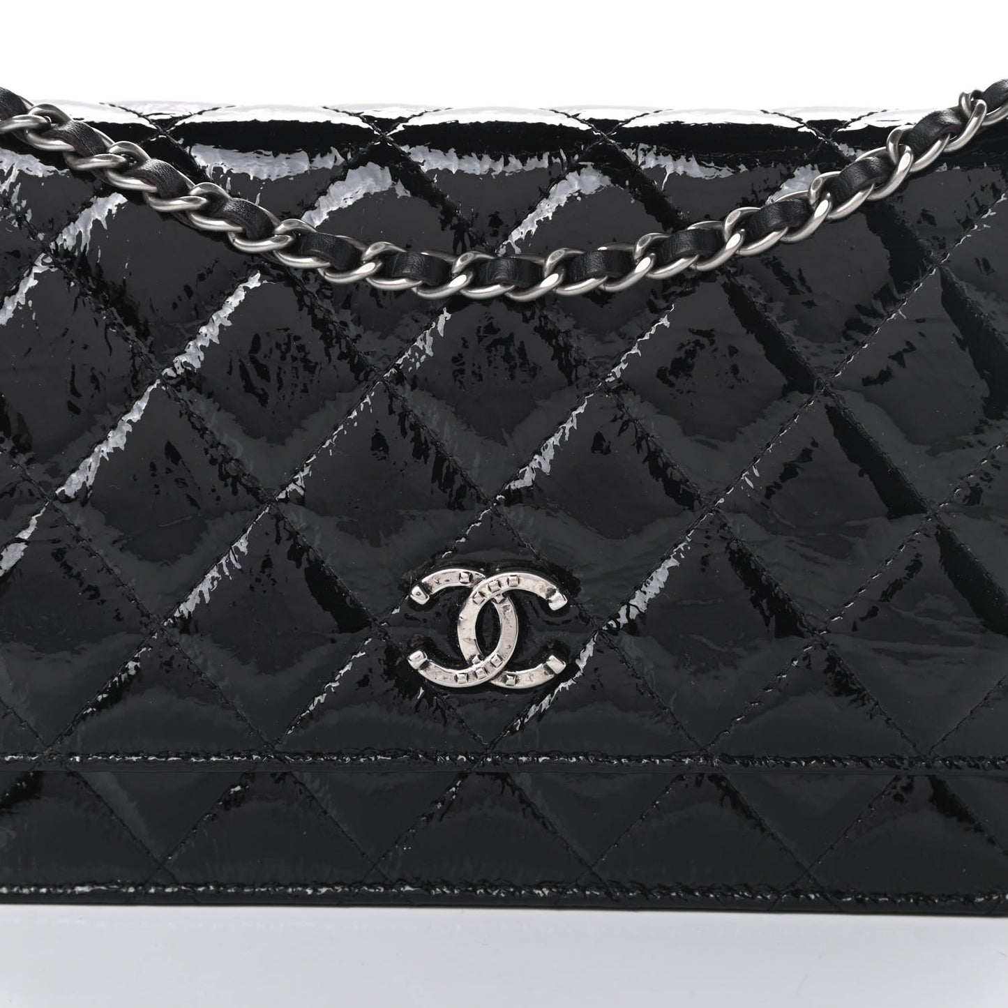 Patent Quilted Brilliant Wallet On Chain WOC Black