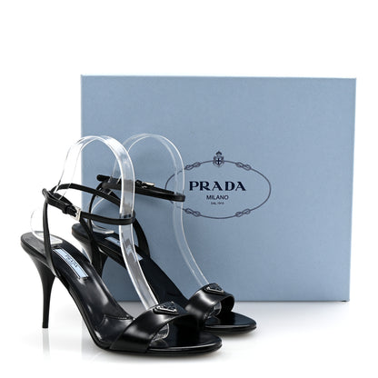 Prada Spazzolato Metal Triangle Logo Ankle Strap 100mm Sandals 37 Black 9 of 9