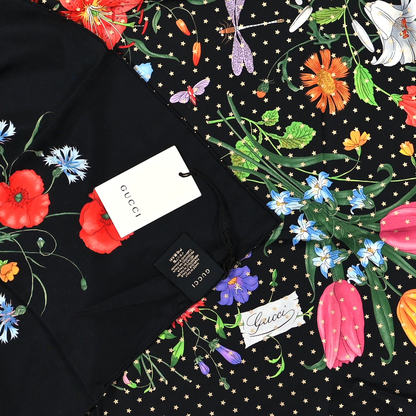 Silk Twill Flora Stars Square Scarf Black