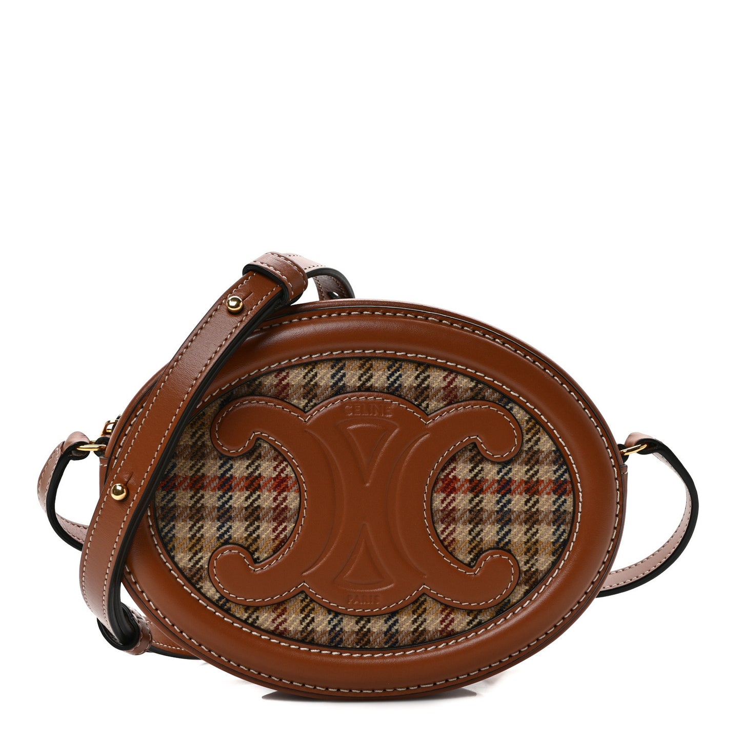 Smooth Calfskin Houndstooth Cuir Small Triomphe Oval Purse Crossbody Tan