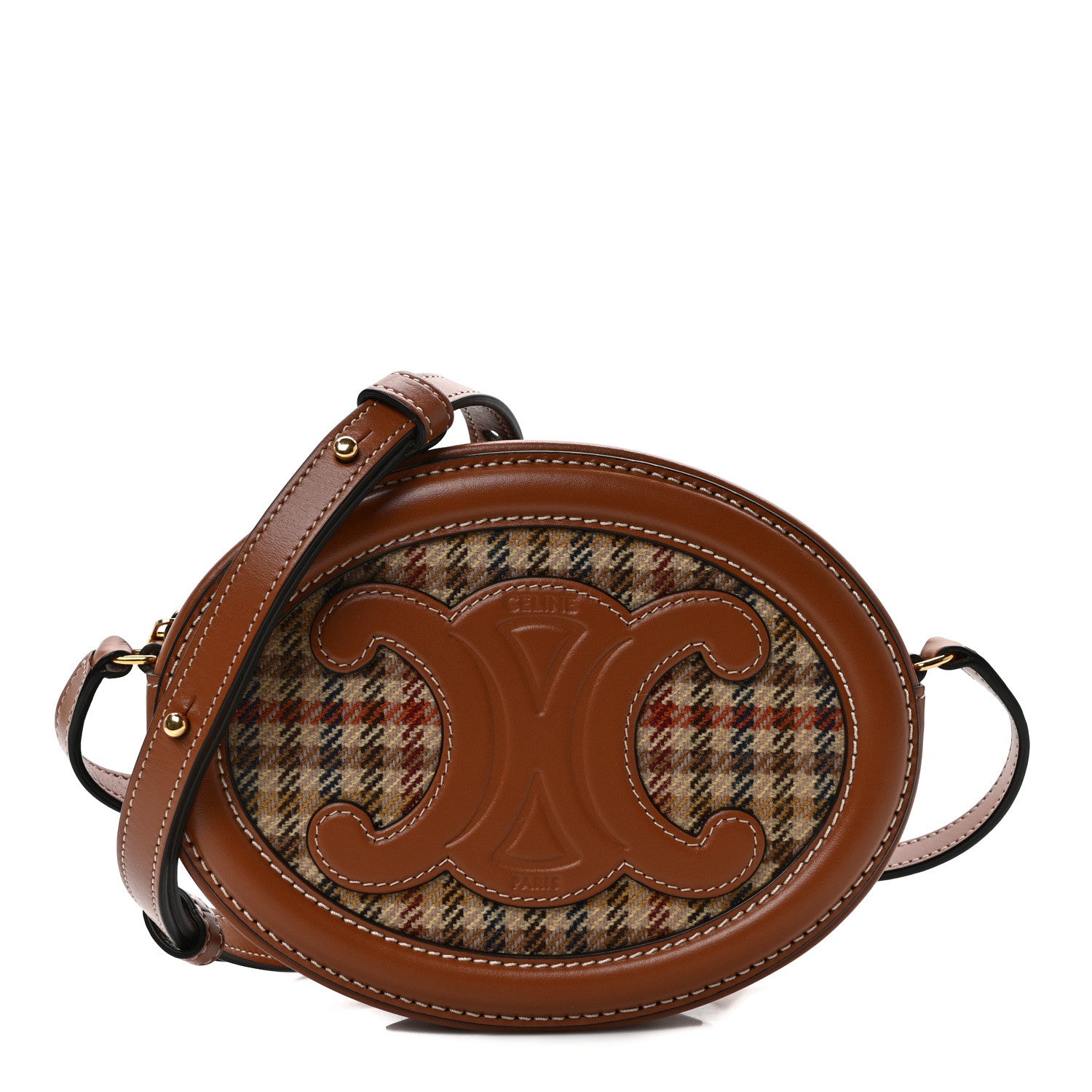 Celine Smooth Calfskin Houndstooth Cuir Small Triomphe Oval Purse Crossbody Tan 1 of 9