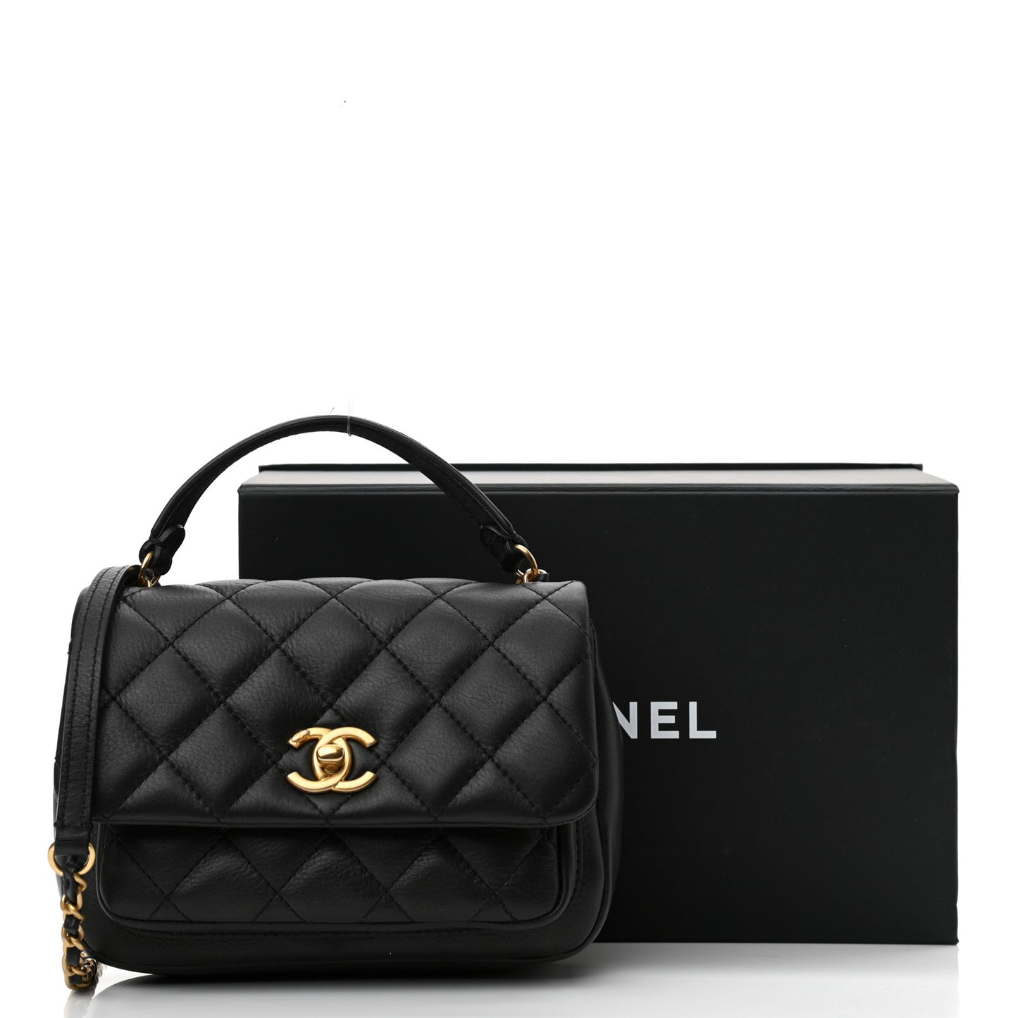 Calfskin Quilted Top Handle Flap Black