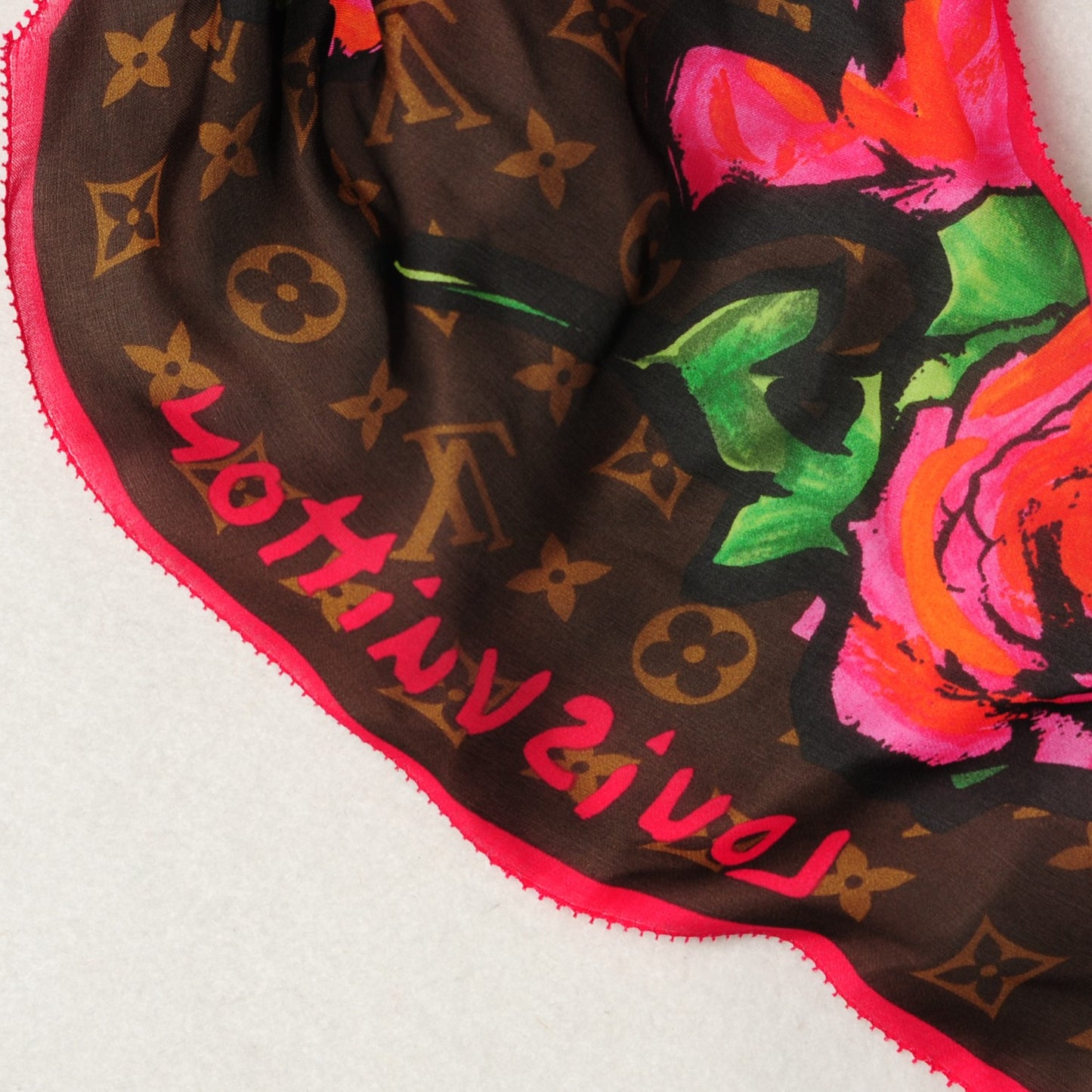 Silk Monogram Roses Scarf Marron