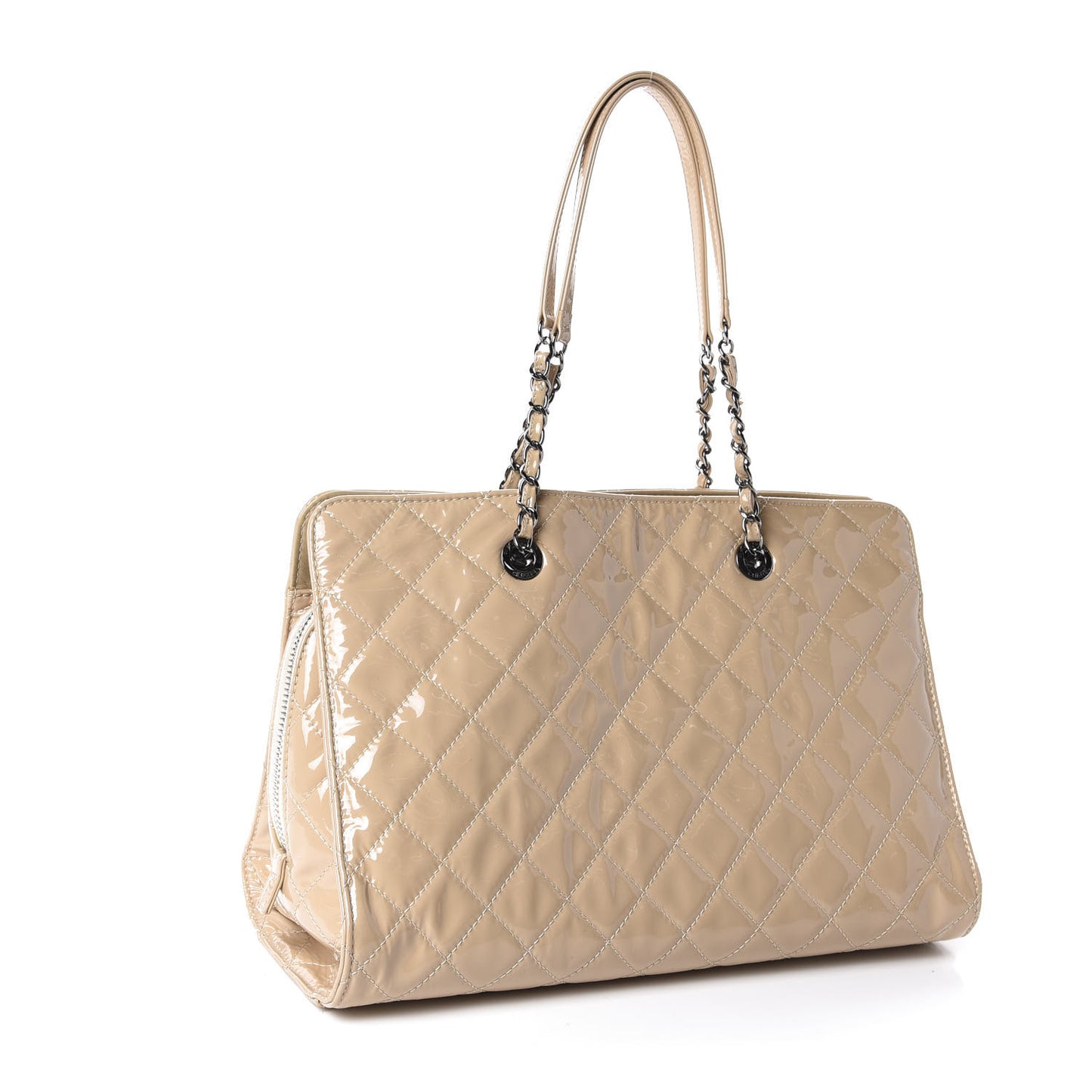 Patent Calfskin Quilted Shopping Tote Beige