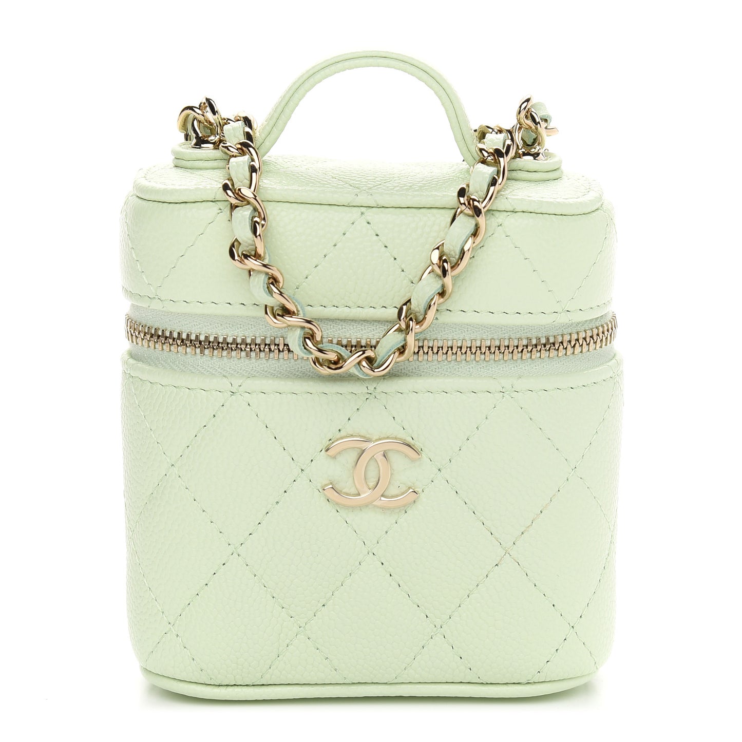 Caviar Quilted Small Handle With Care Vanity Case With Chain Light Green