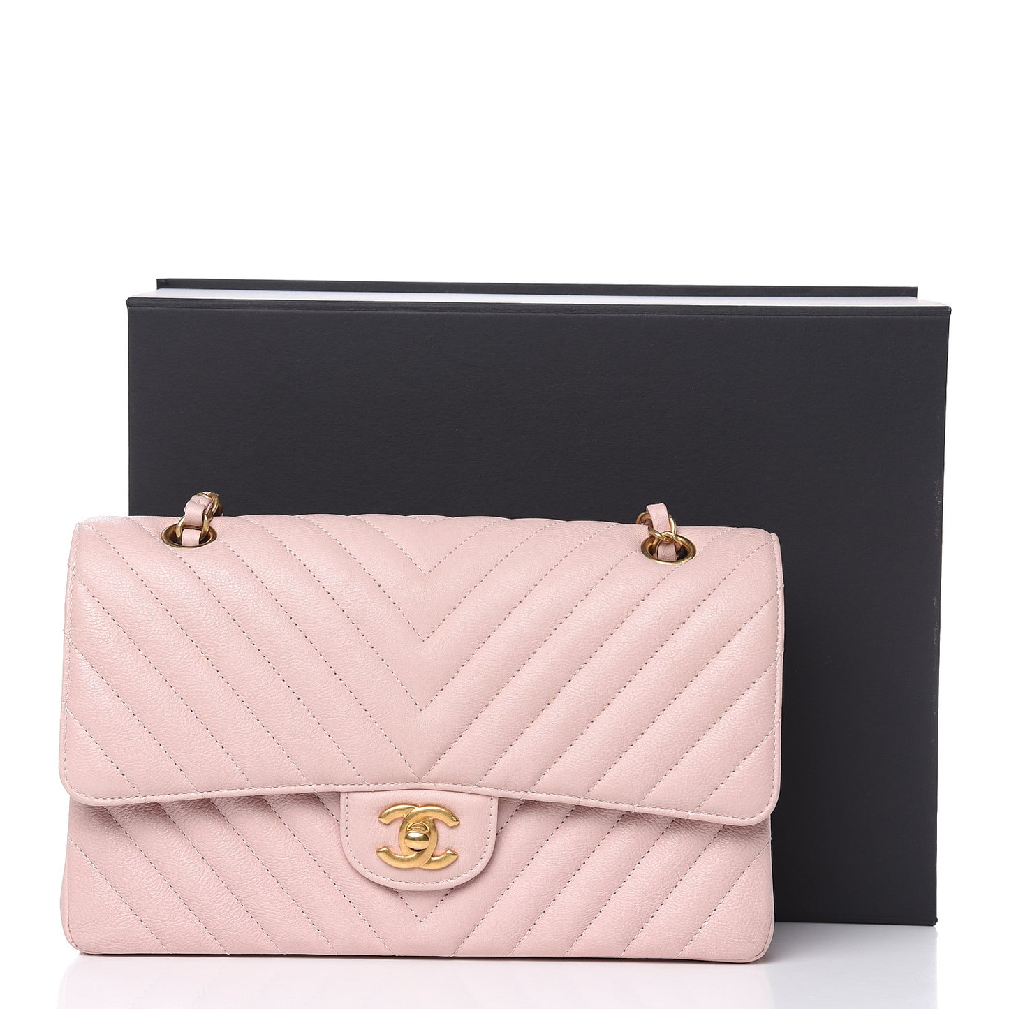 Calfskin Chevron Quilted Medium Double Flap Light Pink