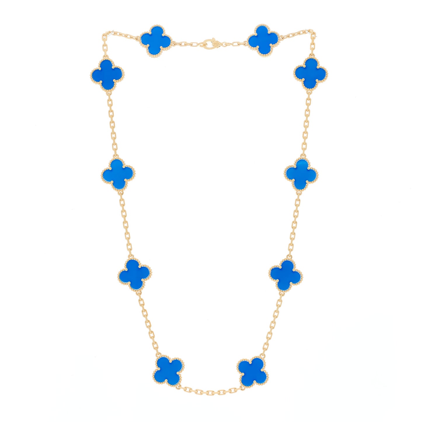 18K Yellow Gold Blue Agate 10 Motifs Vintage Alhambra Necklace