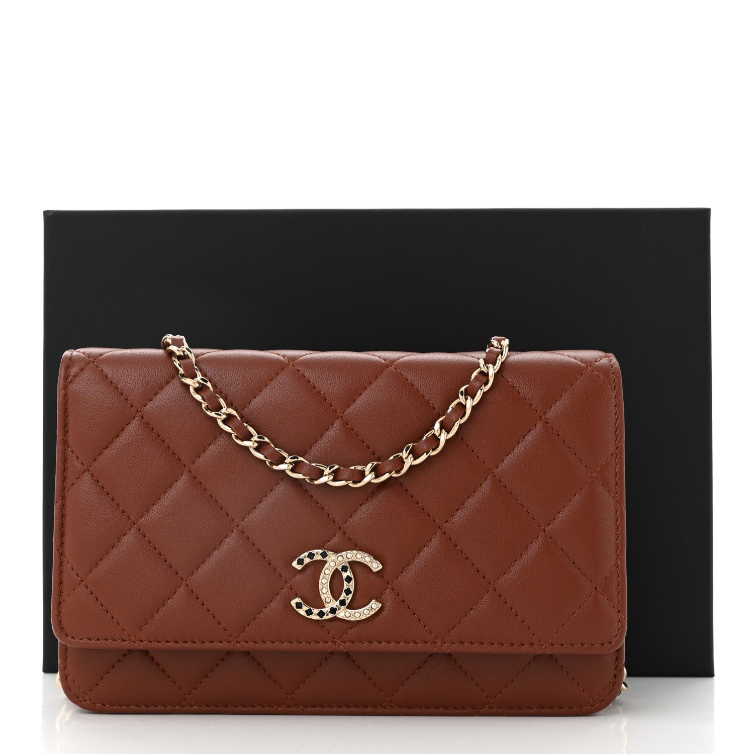 Chanel Lambskin Quilted Crystal Pearl CC Wallet On Chain WOC Brown