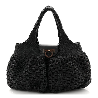 Salvatore Ferragamo Woven Calfskin Gancini Shoulder Bag Black 1 of 19