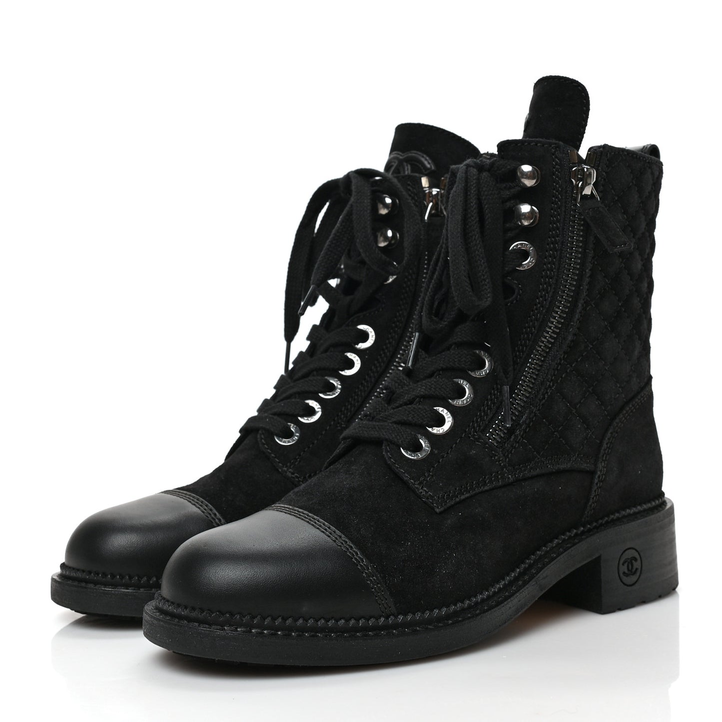 Suede Quilted CC Lace Up Combat Boots 36 Black