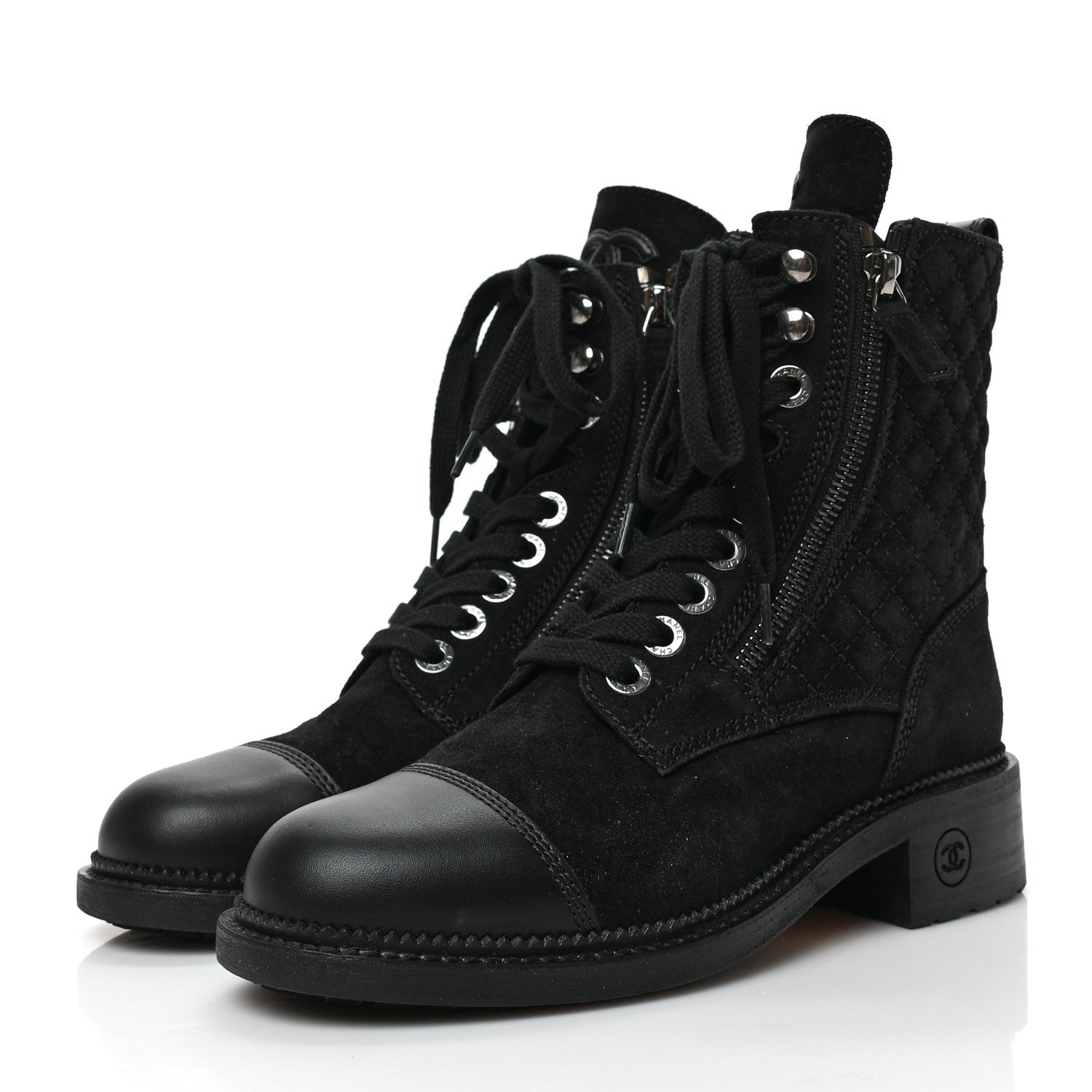 Chanel Suede Quilted CC Lace Up Combat Boots 36 Black 3 of 8