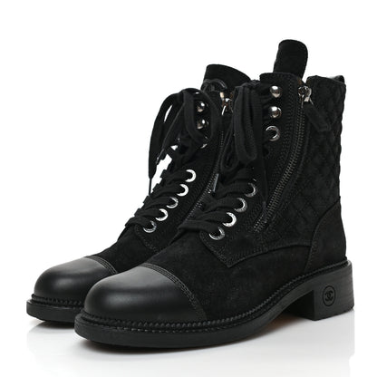 Chanel Suede Quilted CC Lace Up Combat Boots 36 Black 3 of 8