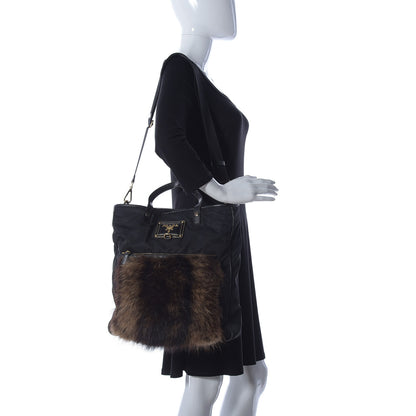 Prada Tessuto Nylon Fur Front Pocket Tote Black 2 of 9