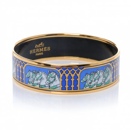 Hermes Enamel Printed Horses Wide Bracelet 65 Bleu 4 of 8