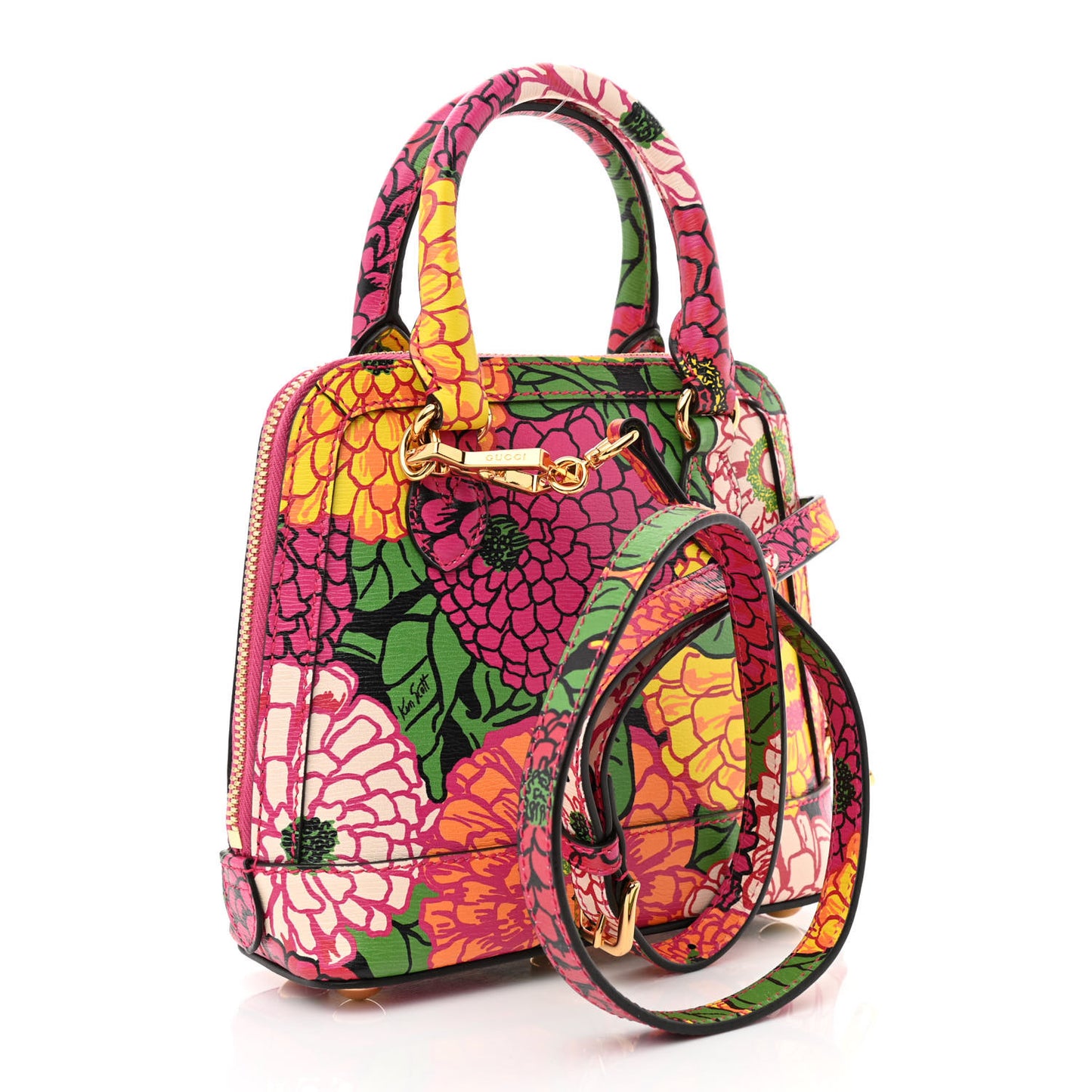 X KEN SCOTT Textured Calfskin Pomponica Print Mini Horsebit 1955 Top Handle Bag Multicolor Fuxia Pompom