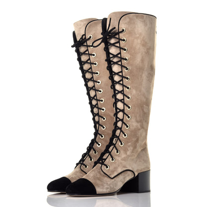 Chanel Suede Calfskin Trocadero Knee High Boots 39.5 Beige Black 3 of 7