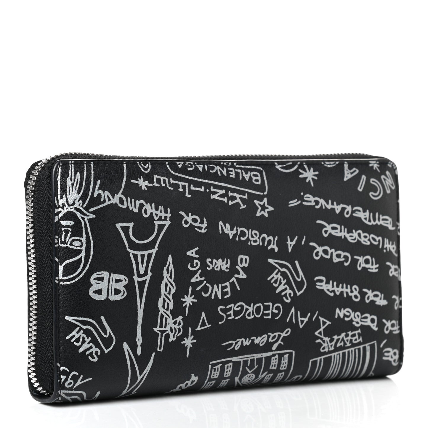 Calfskin Classic Silver Hardware Printed Tattoo Everyday Continental Zip Around Wallet Black