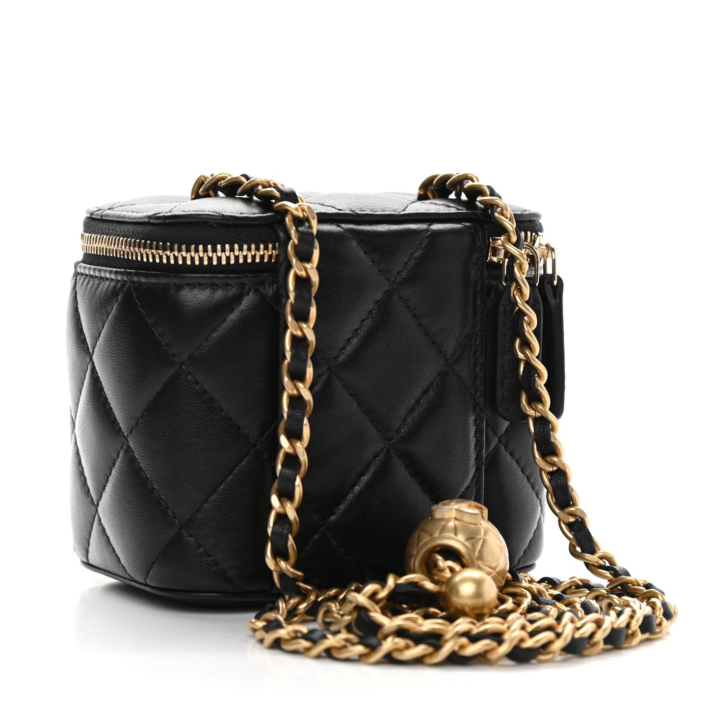 Lambskin Quilted Mini Pearl Crush Vanity Case With Chain Black