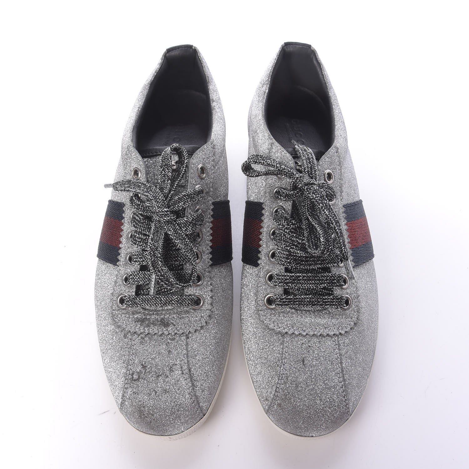 Gucci Glitter Fabric Studded Womens Web Sneakers 39 Silver 6 of 12