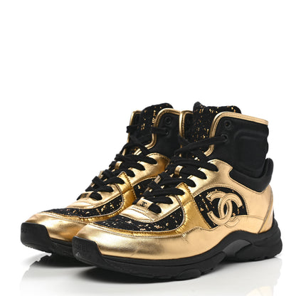 Chanel Satin Lambskin Fabric Tweed CC High Top Sneakers 39.5 Black Gold 3 of 9