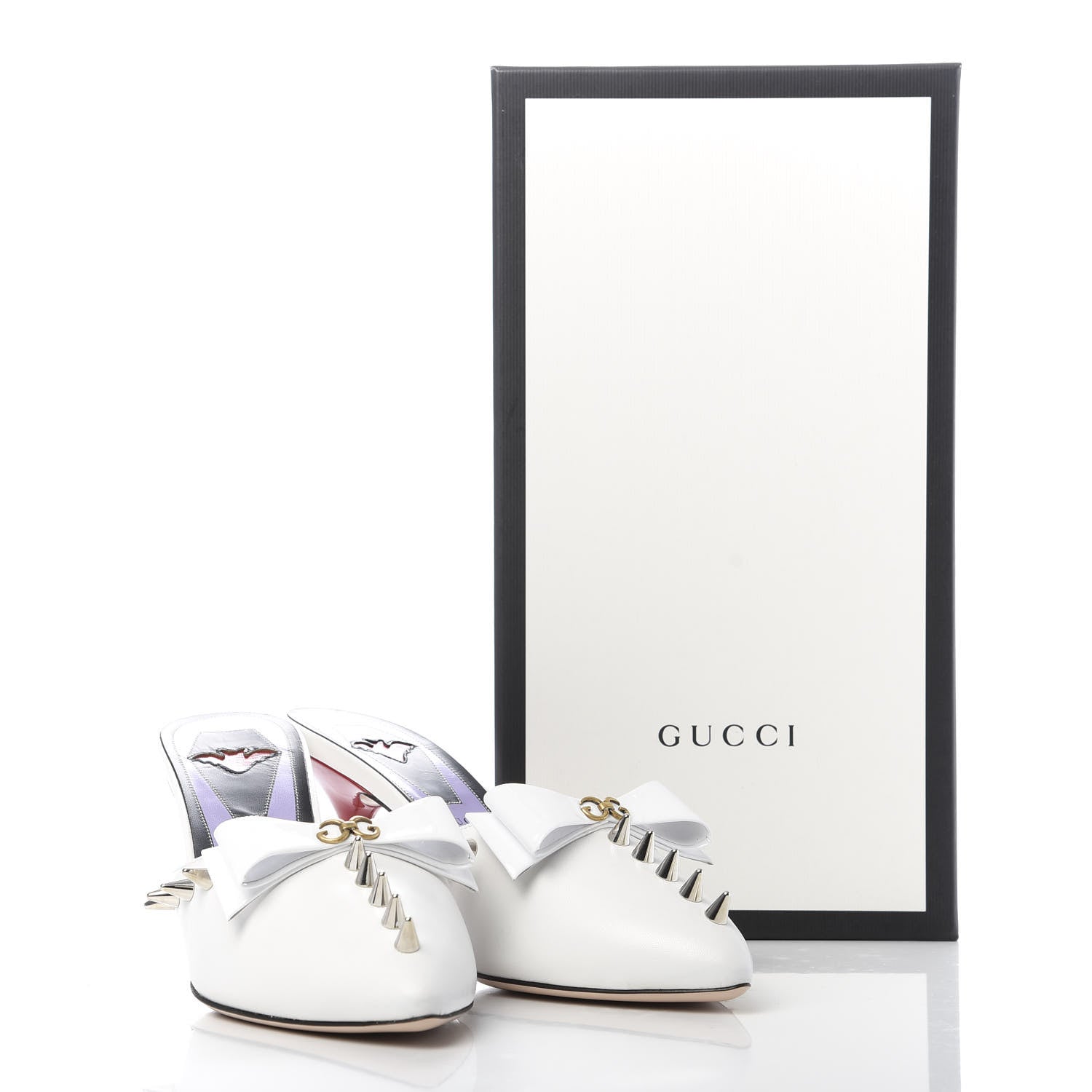 Gucci Patent GG Bow Sadie Spike Mid Heel Mules 38.5 White 9 of 9