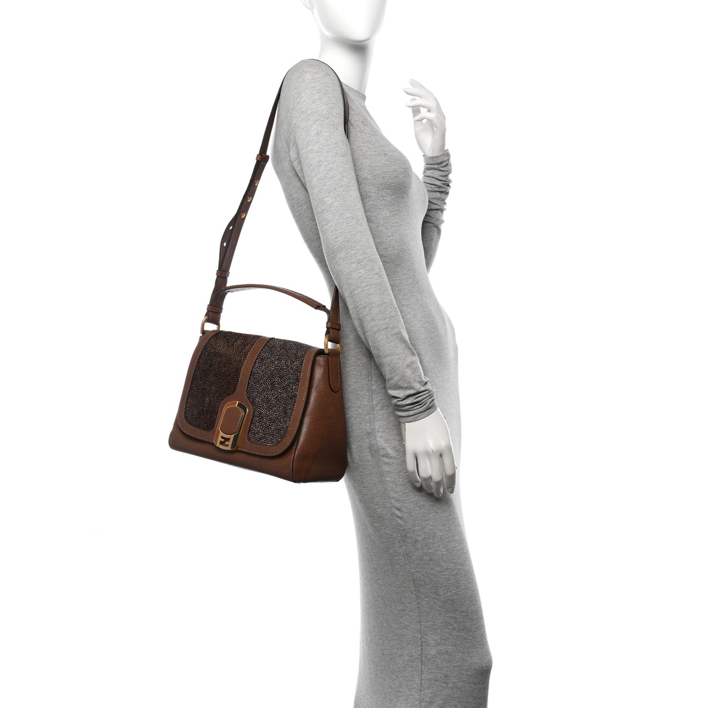 Stingray Calf Hair Colorblock Anna Shoulder Bag Brown