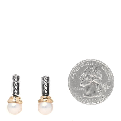 David Yurman Sterling Silver 14K Yellow Gold Pearl Cable Drop Earrings 2 of 4
