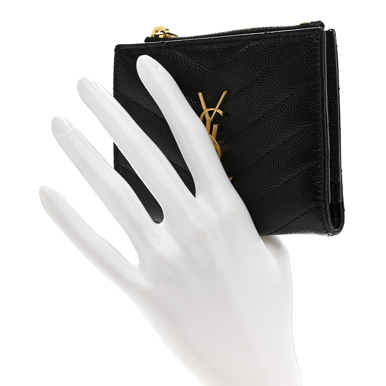 Saint Laurent Grain De Poudre Matelasse Chevron Monogram Zipped Card Case Black 2 of 7