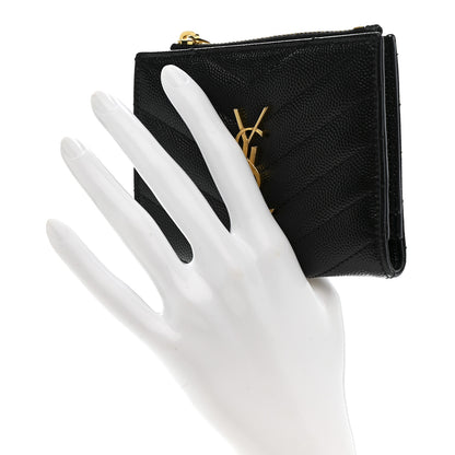 Saint Laurent Grain De Poudre Matelasse Chevron Monogram Zipped Card Case Black 2 of 7