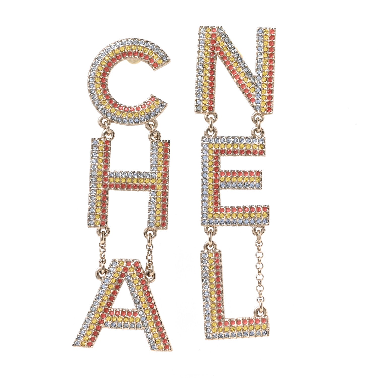 Chanel Metal Crystal Rainbow Cha-Nel Logo Drop Earrings Multicolor Gold 1 of 4