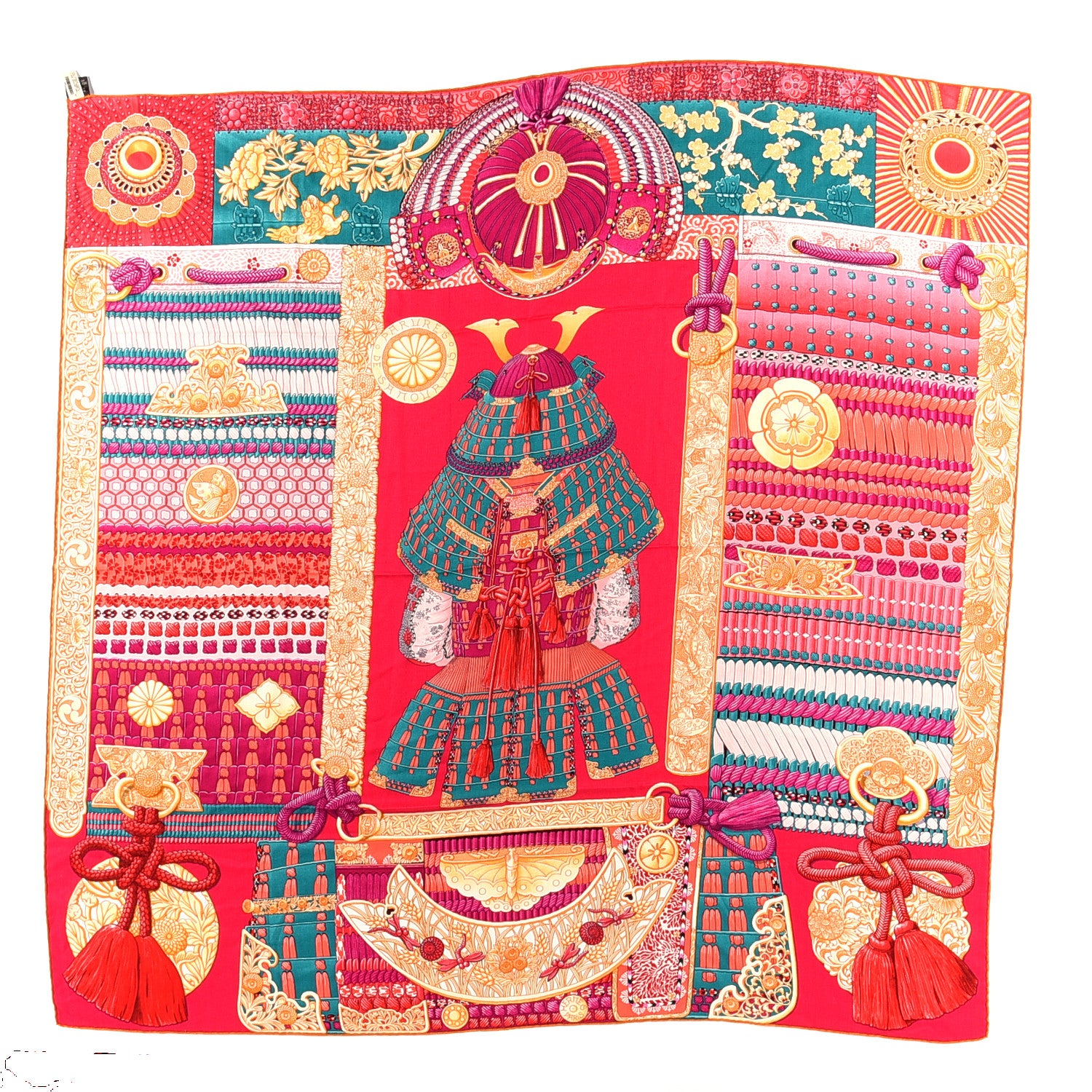 Hermes Cashmere Silk Parures De Samourais Shawl 140 Rose Indien Vert Corail 1 of 4