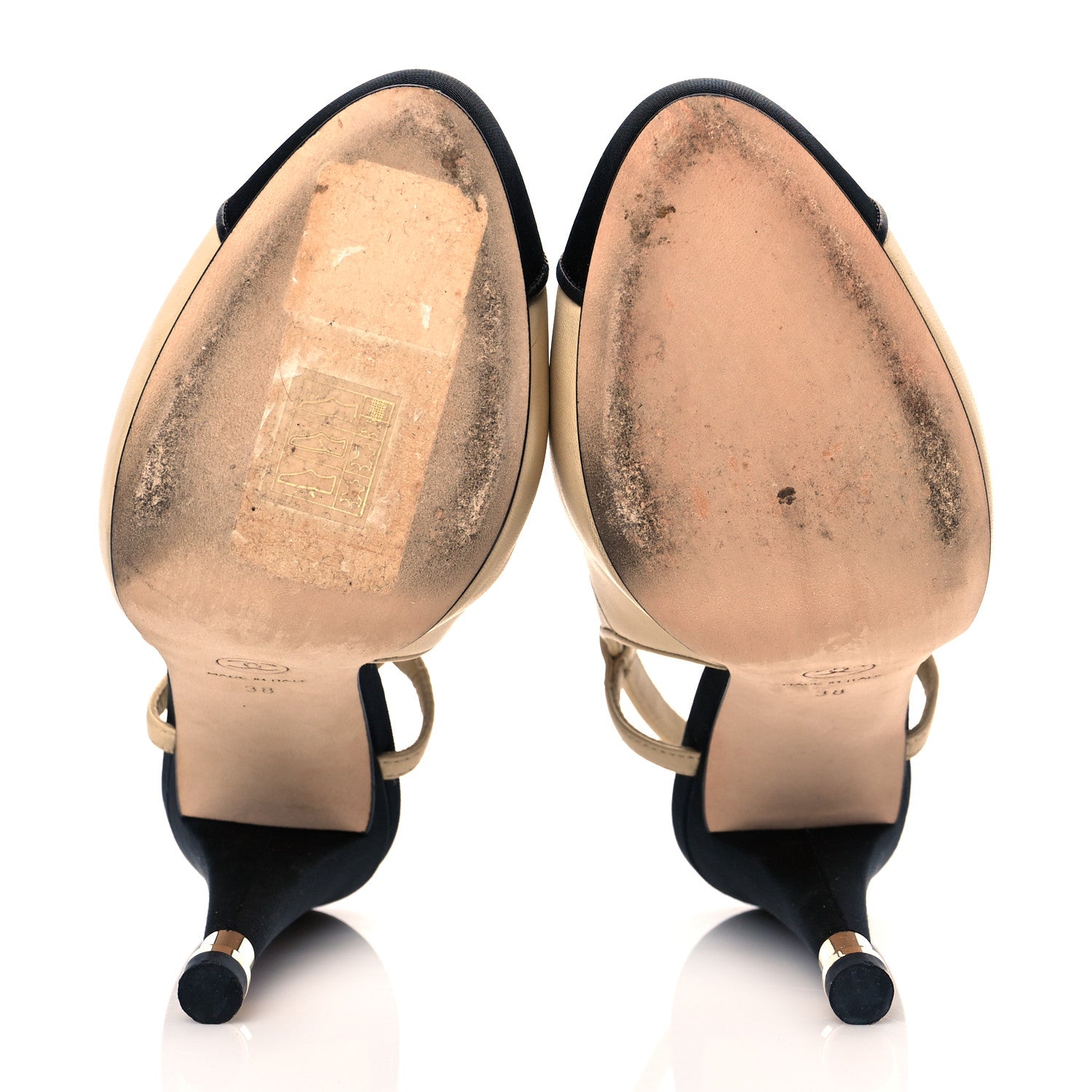 Chanel Lambskin Grosgrain Cap Toe CC Slingback Pumps 38 Beige Black 6 of 12